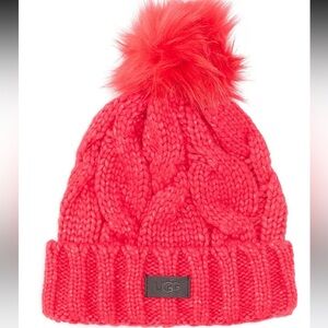 Ugg knit cable beanie pink faux fur pom Pom pink hat